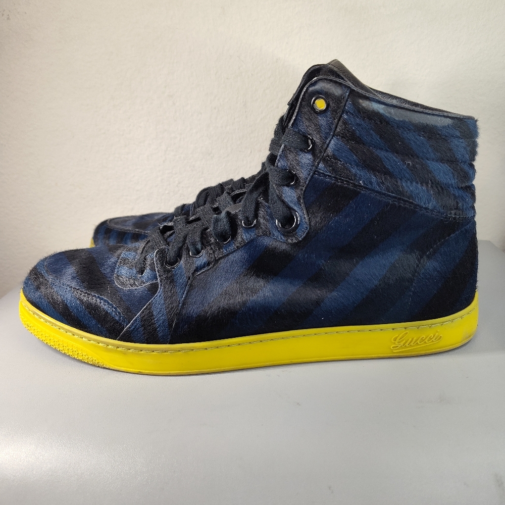 $980 Gucci Men's Blue Black Calf Hair Leather High-top Blue/Black 357172 Limited